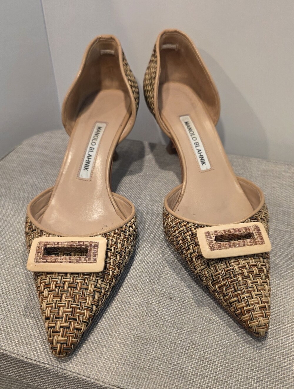 Manolo Blahnik Woven Leatger Pointed D'Orsay Kitten Heels Vintage 80s- Tan/Brown